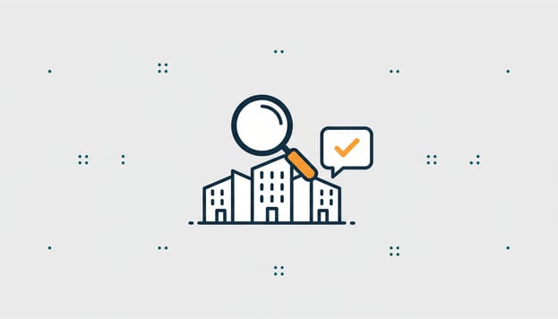 Illustratie: een zoekvenster met een gebouw en een chatvenster, voor het opzoeken van een KVK-nummer