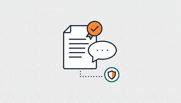 Illustratie: een document met een controlevinkje, een chatvenster en een schild, voor btw-nummercontrole