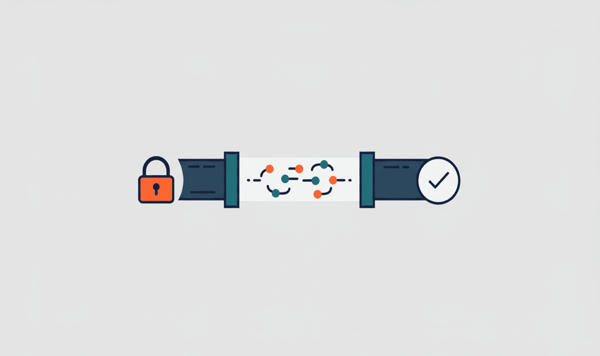 Abstracte illustratie van dataflow door beveiligde tunnel met slot en checkmark