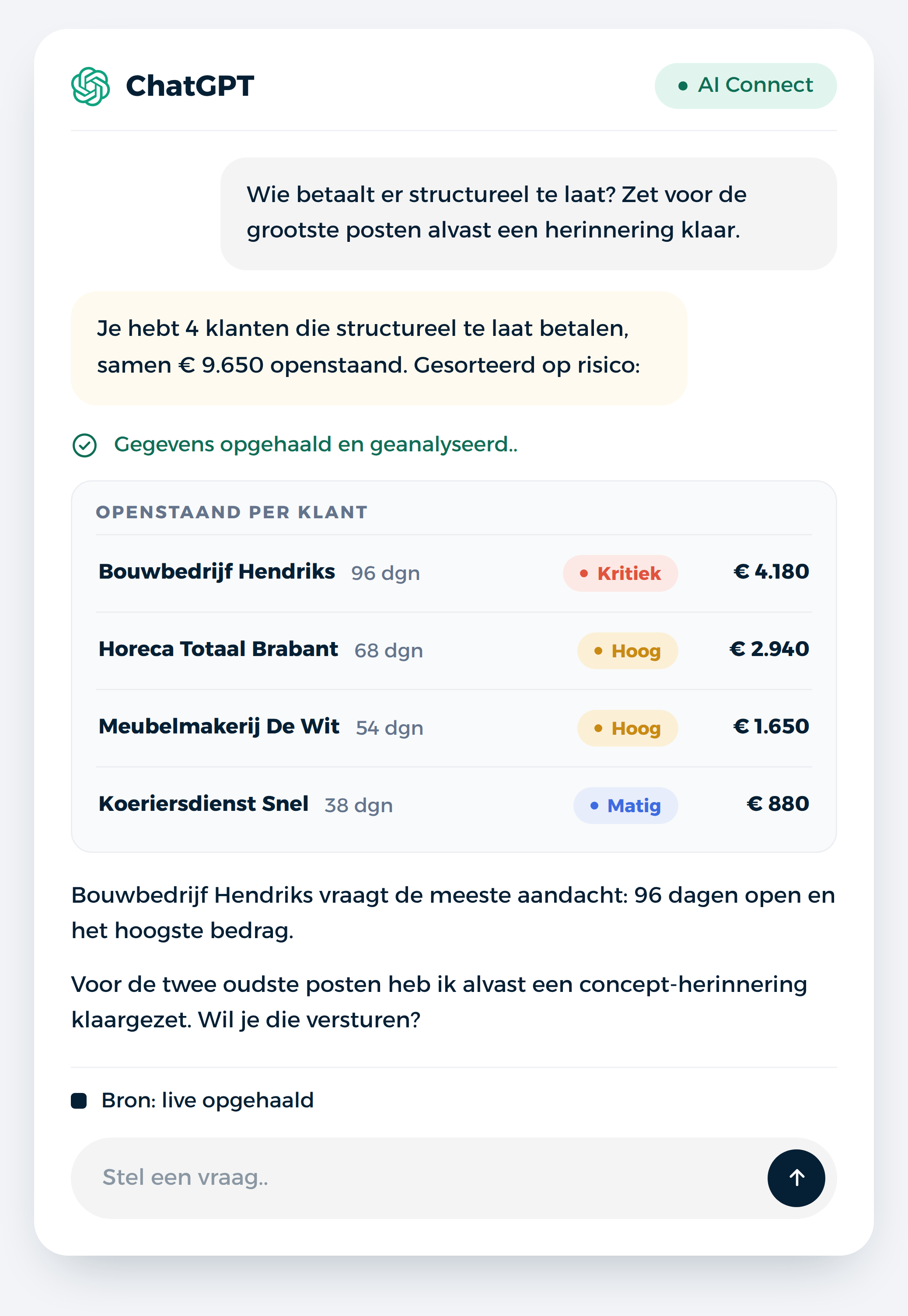 ChatGPT toont openstaande posten per klant uit de administratie ChatGPT toont openstaande posten per klant uit de administratie