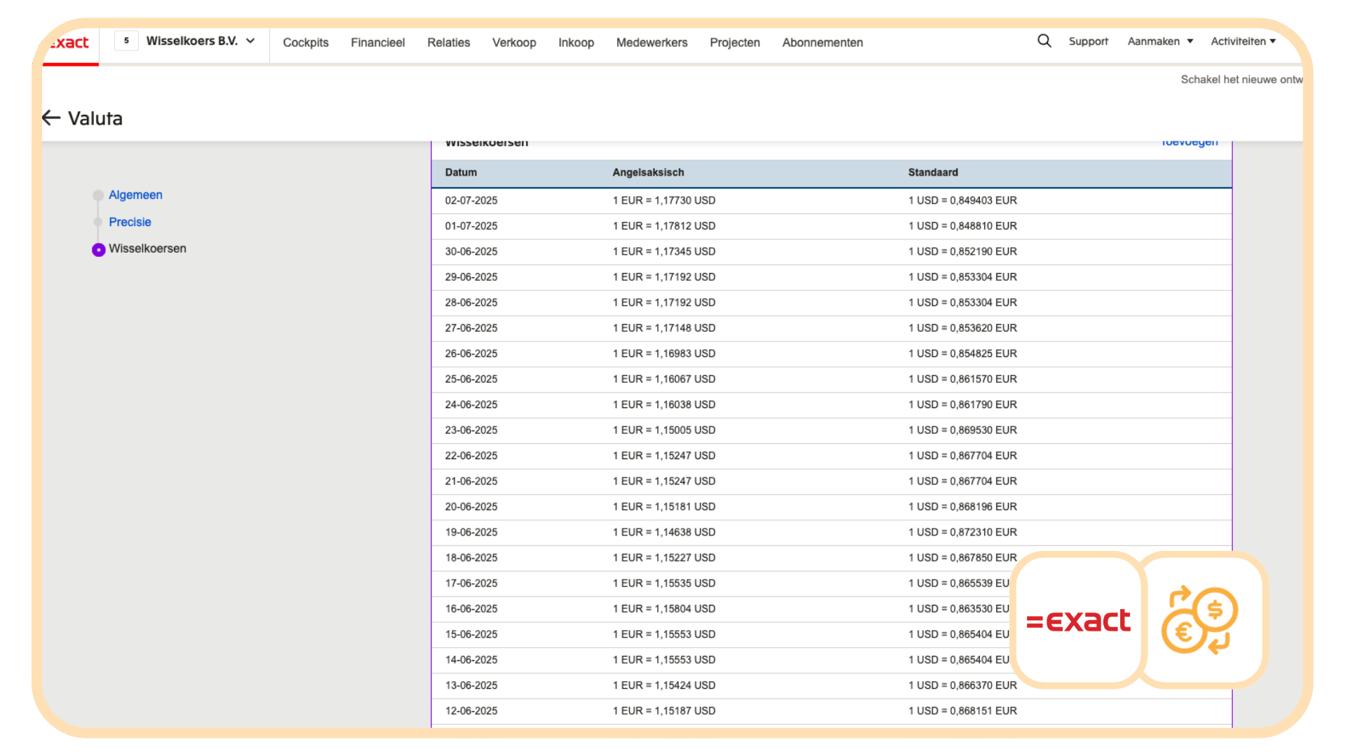 koppelingwisselkoersen - exact online - afas