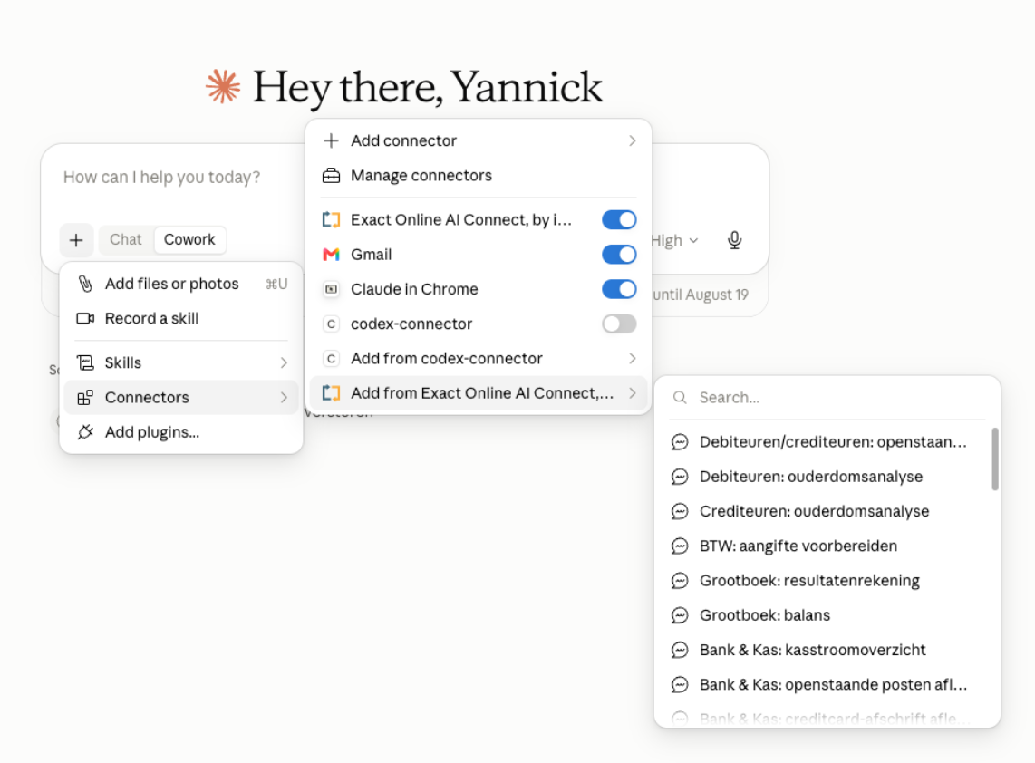 Het menu van Exact AI Connect in Claude, met de kant-en-klare vragen op een rij