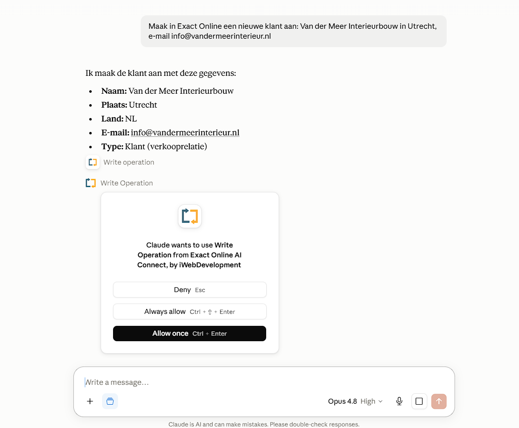 Een conceptactie in Claude met de keuze om de schrijfactie te weigeren, altijd toe te staan of eenmalig toe te staan